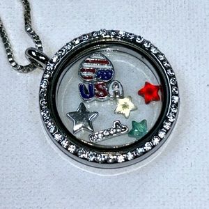 Patriotic Stainless Steel Charm Locket USA Heart Flag 3 Crystal Stars Necklace